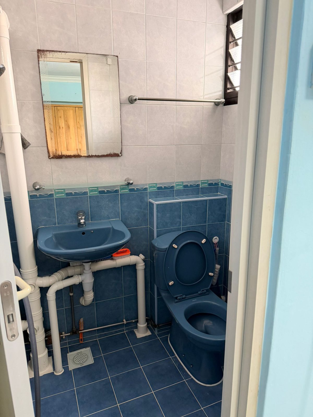 Attached bathroom with sink, mirror, toilet, and shower area